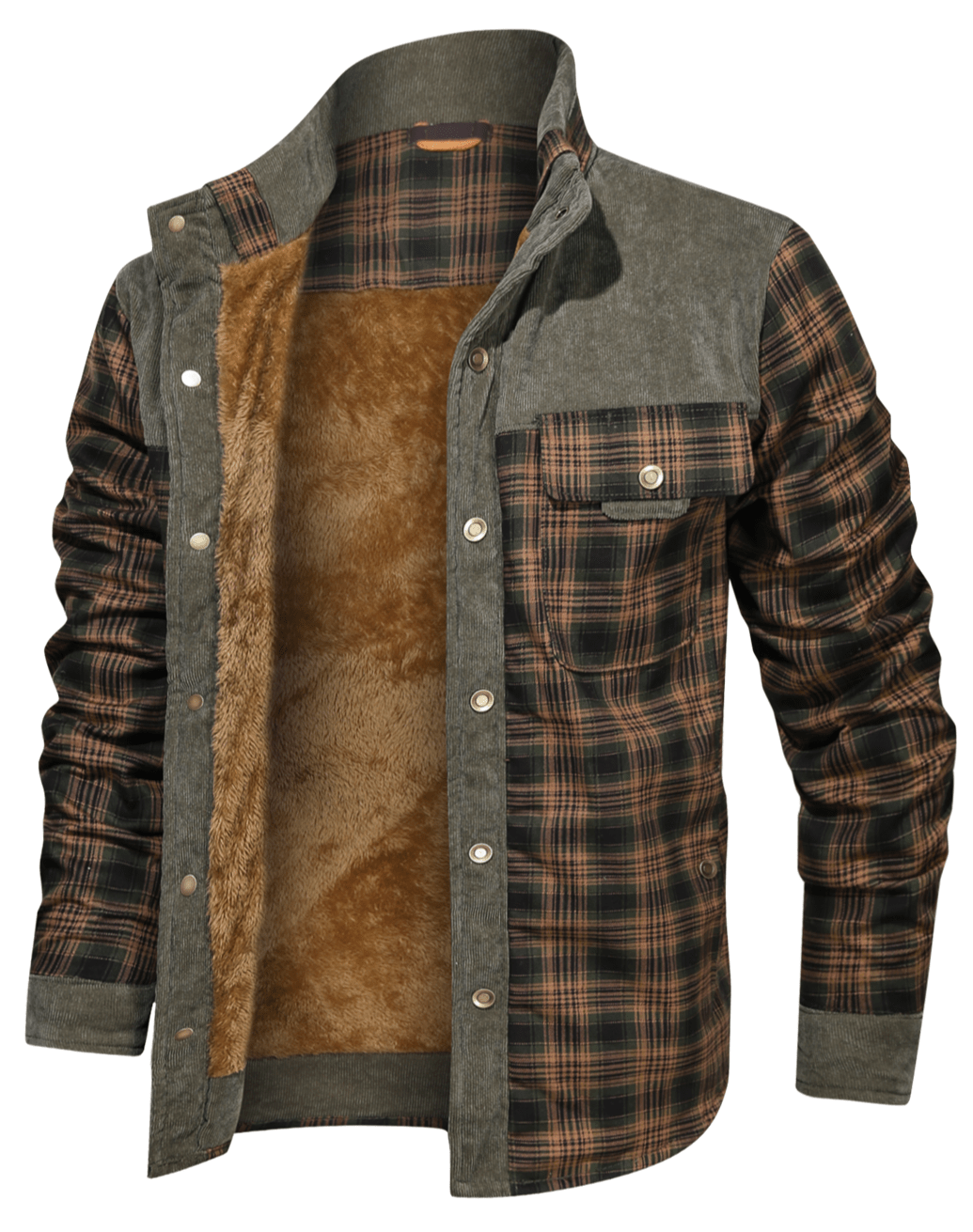Unisex red & black plaid flannel insulated winter jacket, front view, casual warm outerwear