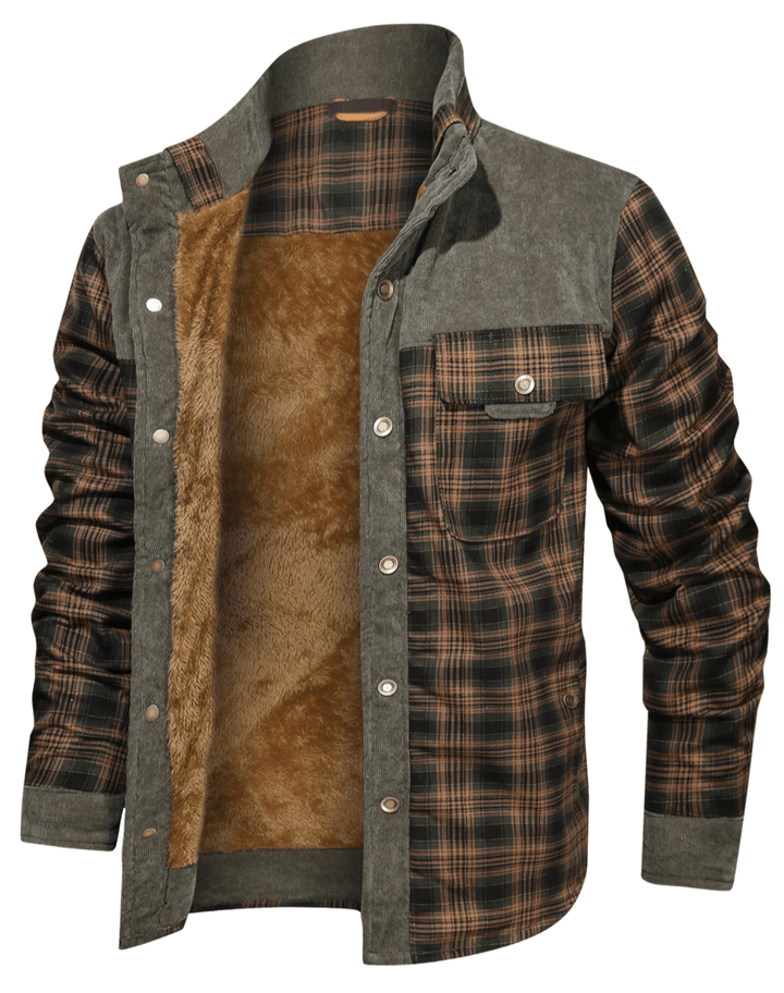 Unisex red & black plaid flannel insulated winter jacket, front view, casual warm outerwear
