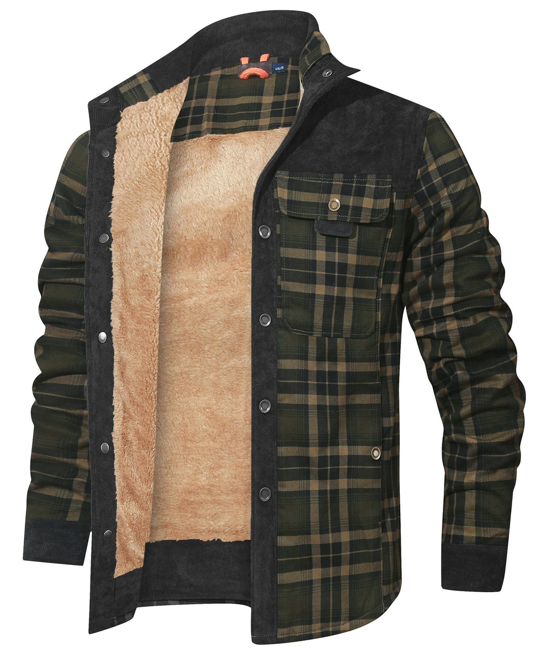 Studio shot of a unisex red & black plaid flannel insulated winter jacket, full length