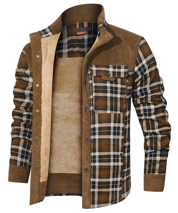 Texture detail of the resilient flannel and insulated build of a unisex winter jacket