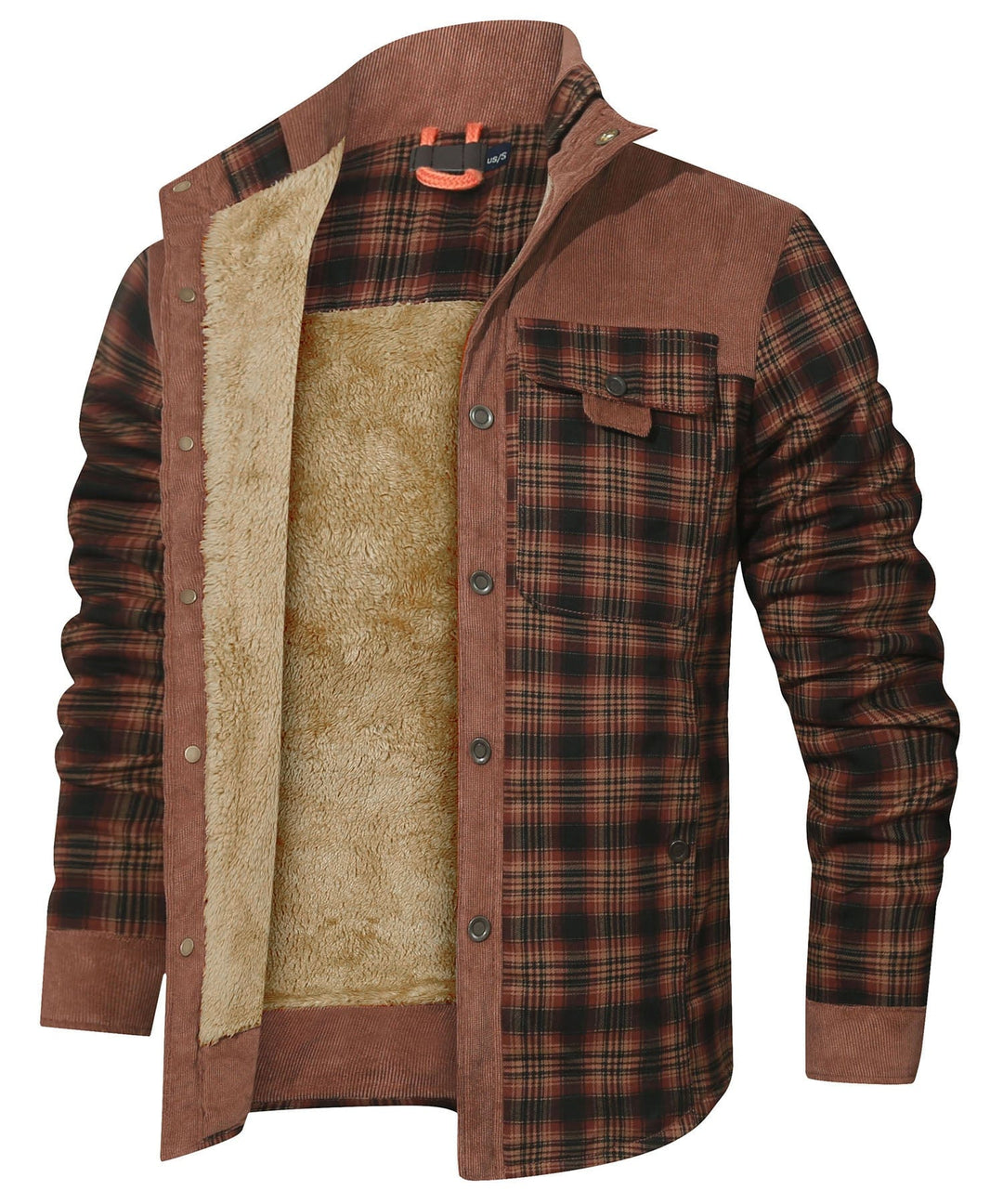 Lifestyle image: unisex wearing a warm plaid flannel insulated jacket on a snowy trail