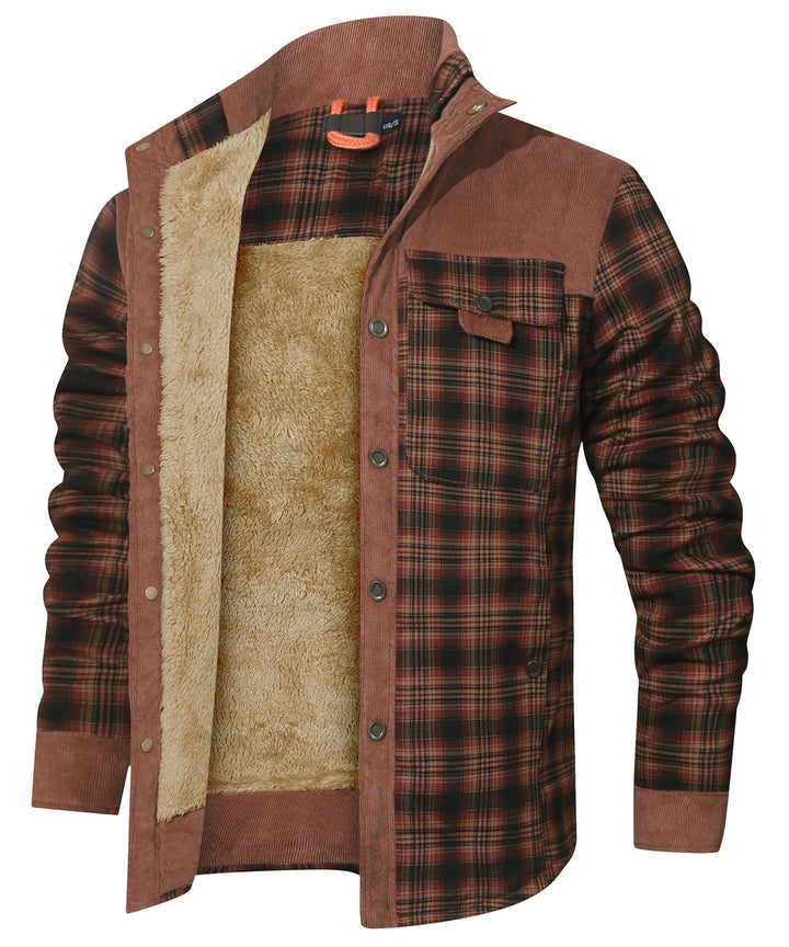 Lifestyle image: unisex wearing a warm plaid flannel insulated jacket on a snowy trail