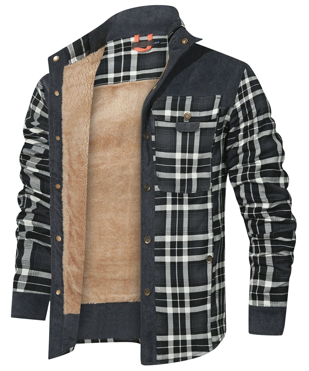 Close-up of the durable stitching on a unisex insulated plaid flannel winter jacket