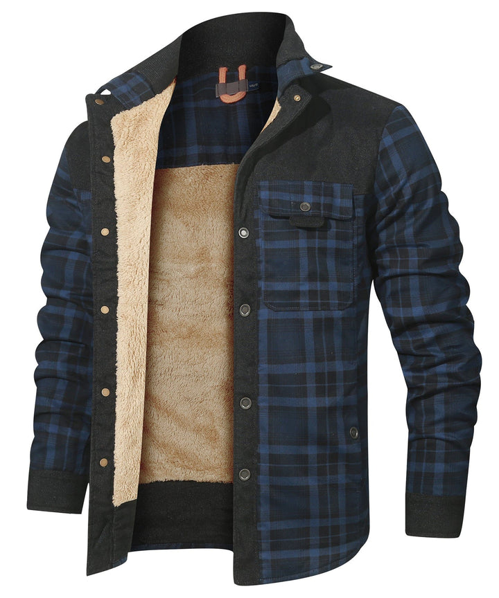 Front zipper and button closure details on a unisex insulated plaid flannel winter jacket