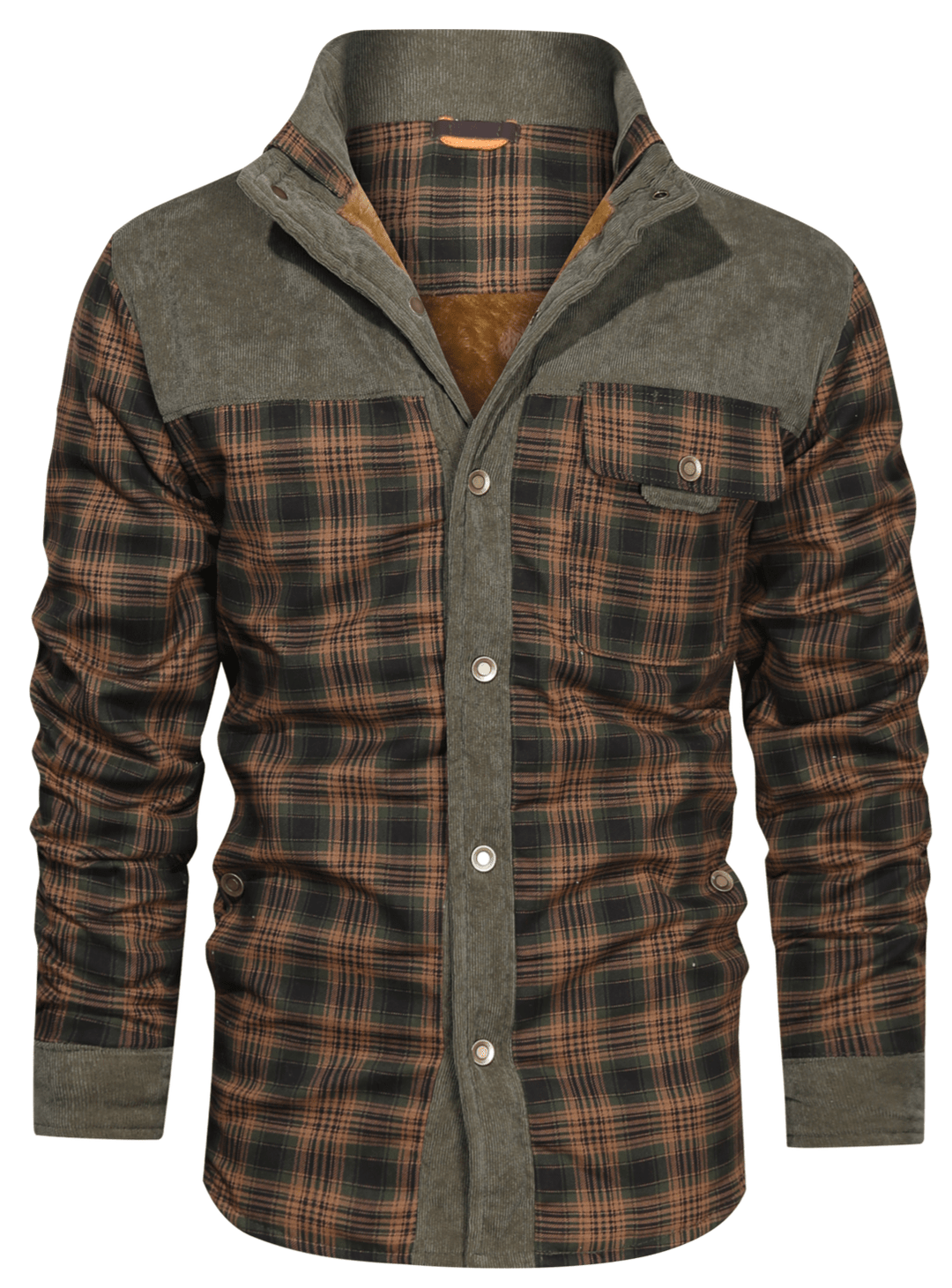 Back view of unisex insulated flannel jacket in classic plaid, perfect for winter warmth