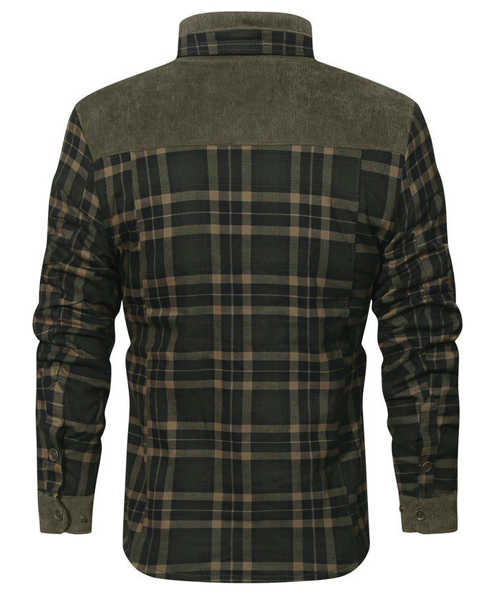 Collared neckline of a unisex insulated plaid flannel winter jacket, showing warmth