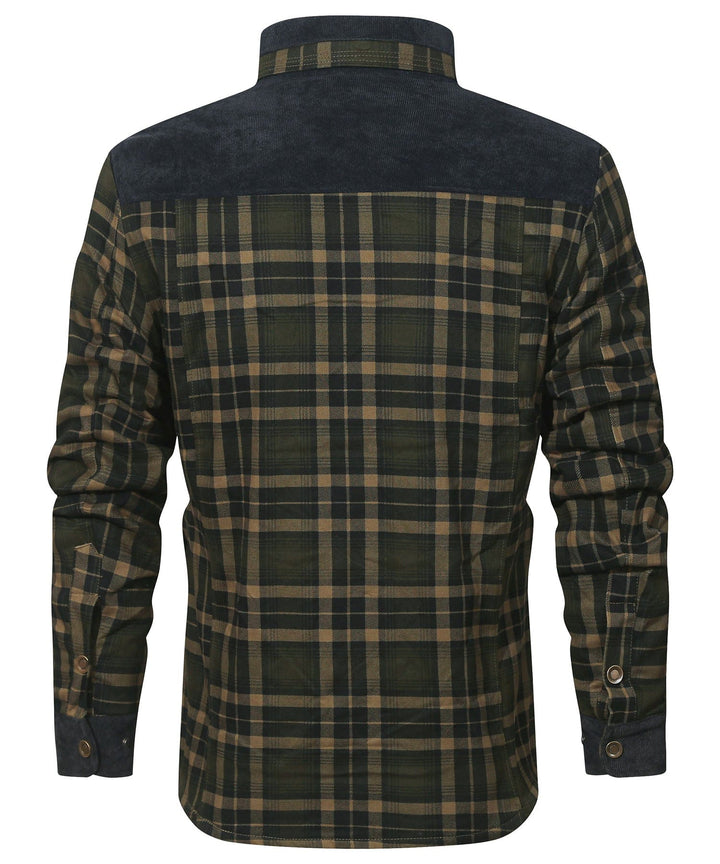 Sleeve and cuff detail of a unisex insulated plaid flannel jacket, practical winter wear