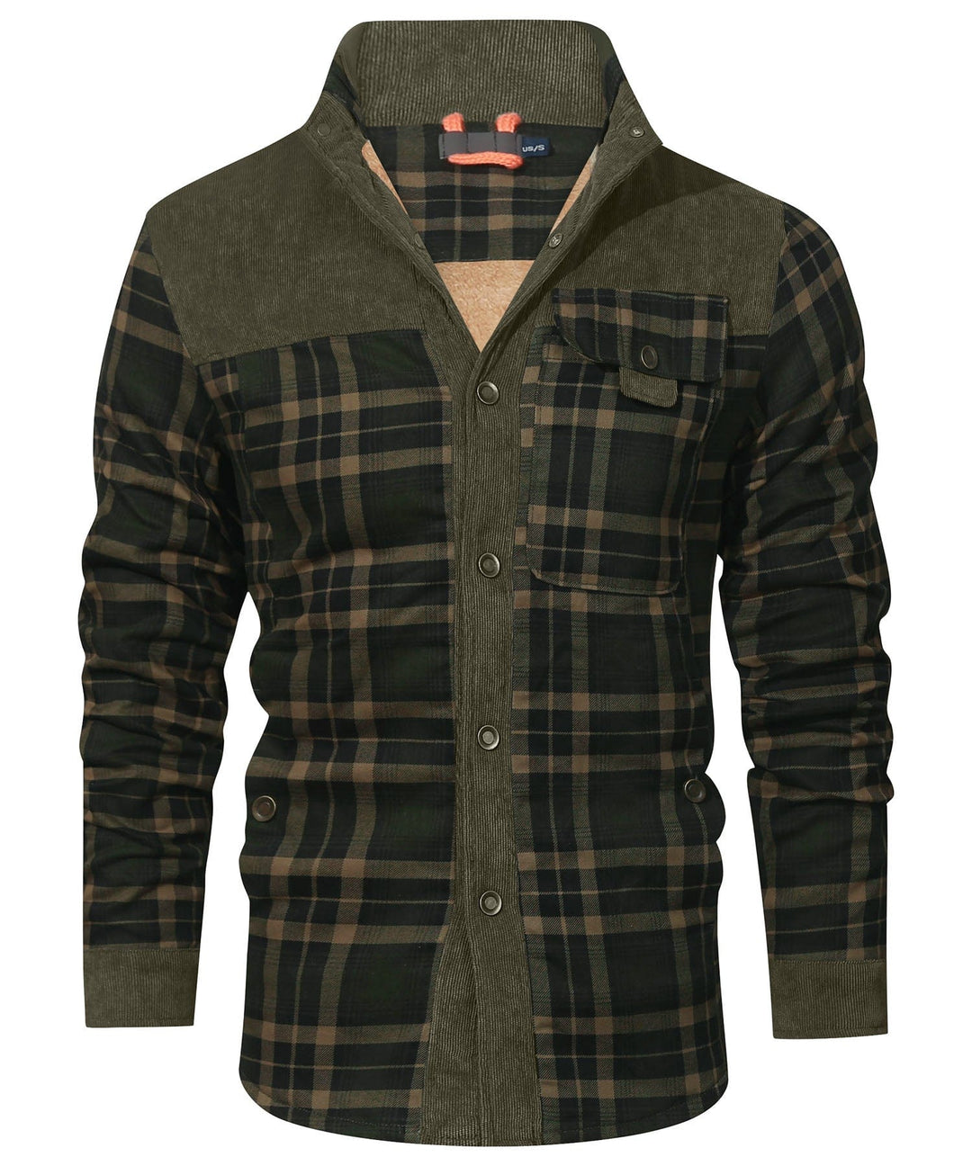 Side profile of a cozy unisex plaid flannel insulated winter jacket, durable outerwear