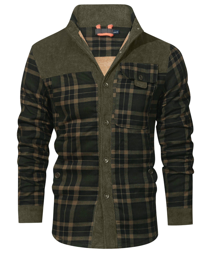 Side profile of a cozy unisex plaid flannel insulated winter jacket, durable outerwear