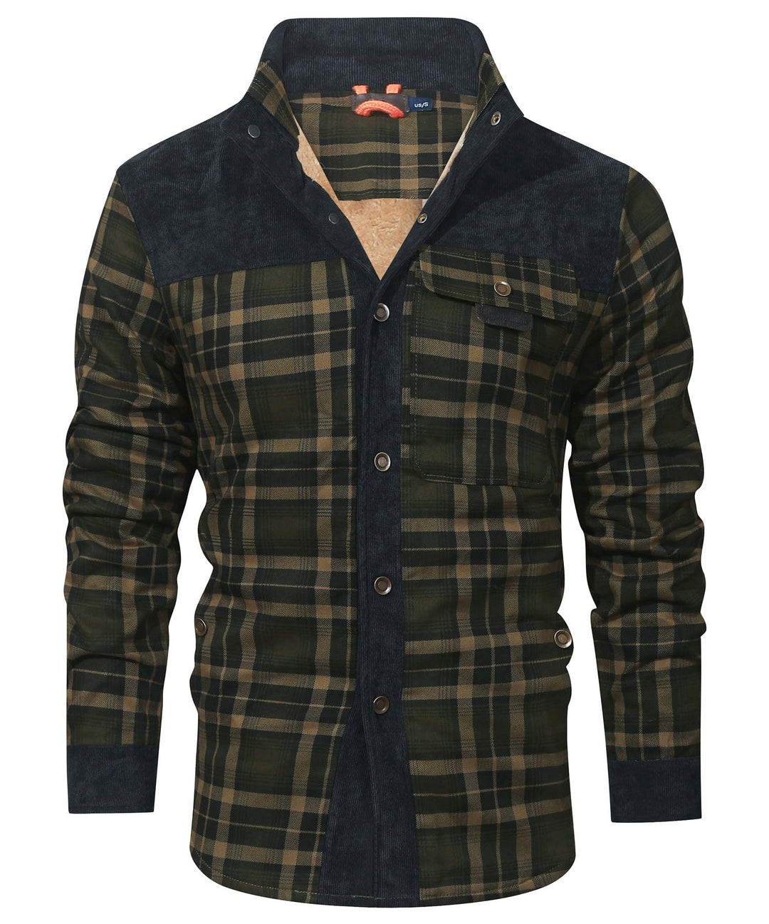 Close-up of the soft flannel fabric and insulation on a unisex plaid winter jacket