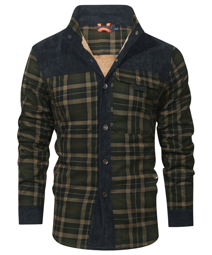 Close-up of the soft flannel fabric and insulation on a unisex plaid winter jacket