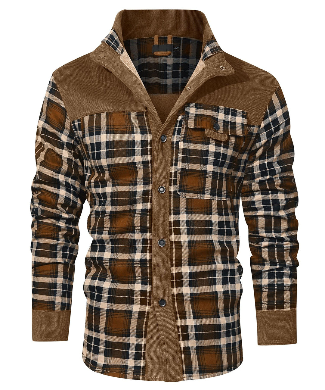 Detail shot of buttons and pockets on a unisex warm plaid flannel insulated jacket