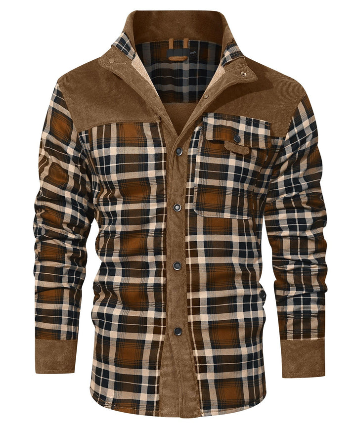 Detail shot of buttons and pockets on a unisex warm plaid flannel insulated jacket