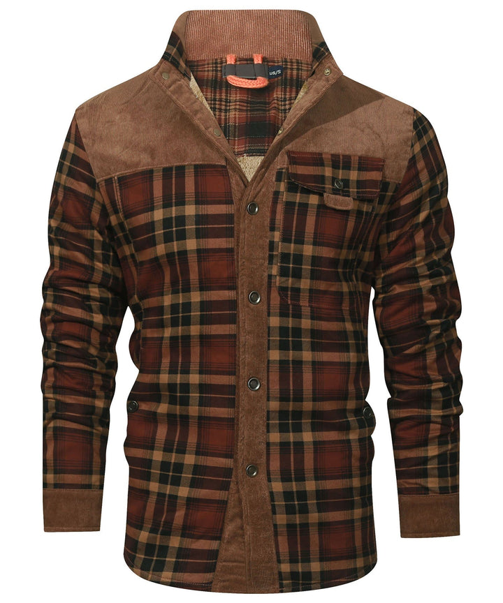 Unisex model wearing a stylish red plaid flannel insulated winter jacket outdoors