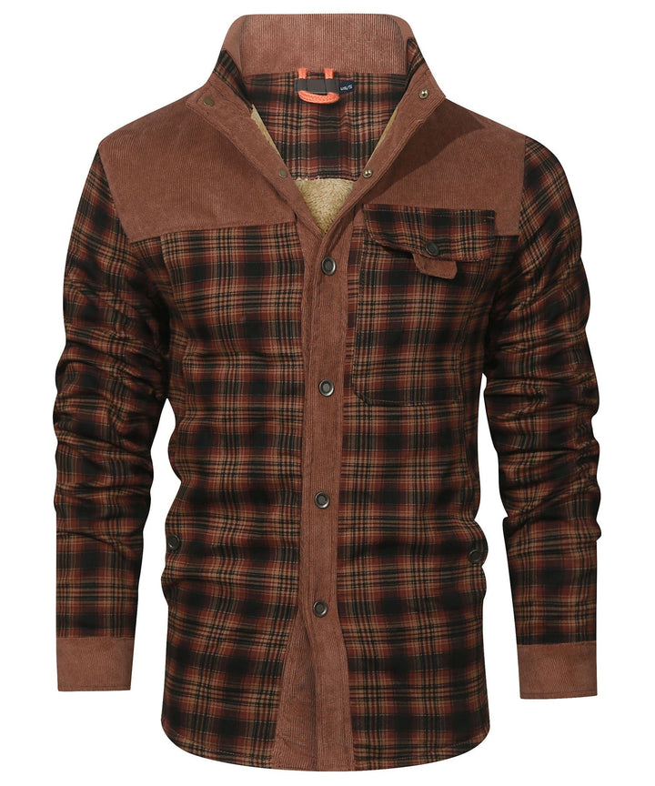 Plaid flannel insulated jacket for unisex, showcased in a winter setting, casual style