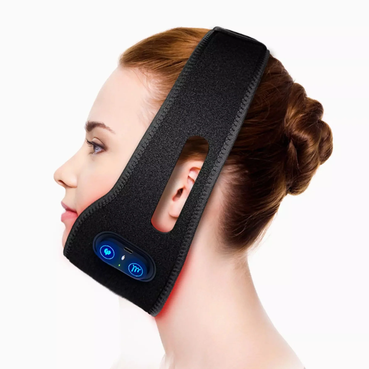 Unisex red light therapy belt for double chin reduction & jawline sculpting. Anti-aging facial firming device.