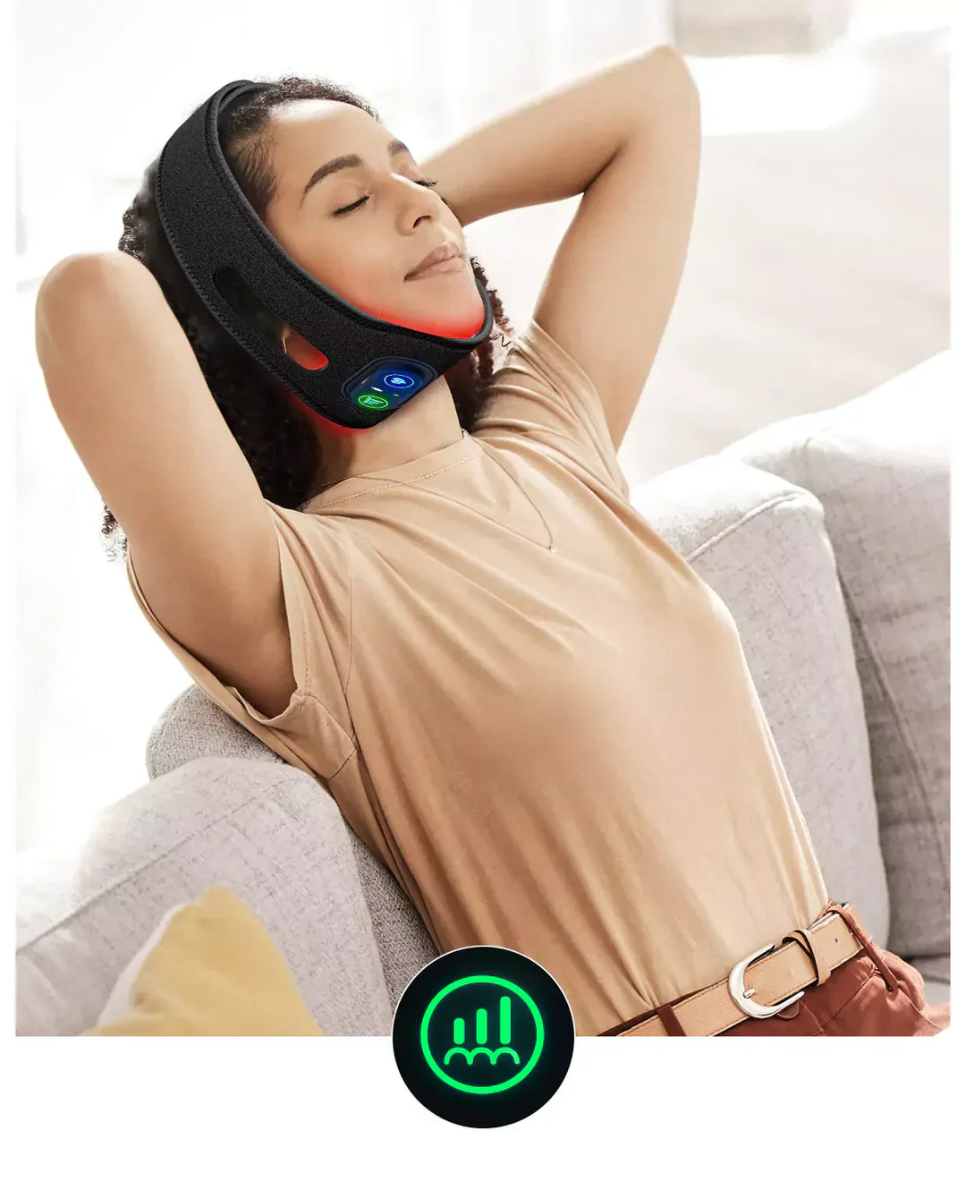 Ergonomic red light therapy belt for firming & lifting chin/jawline. Unisex anti-aging beauty device.