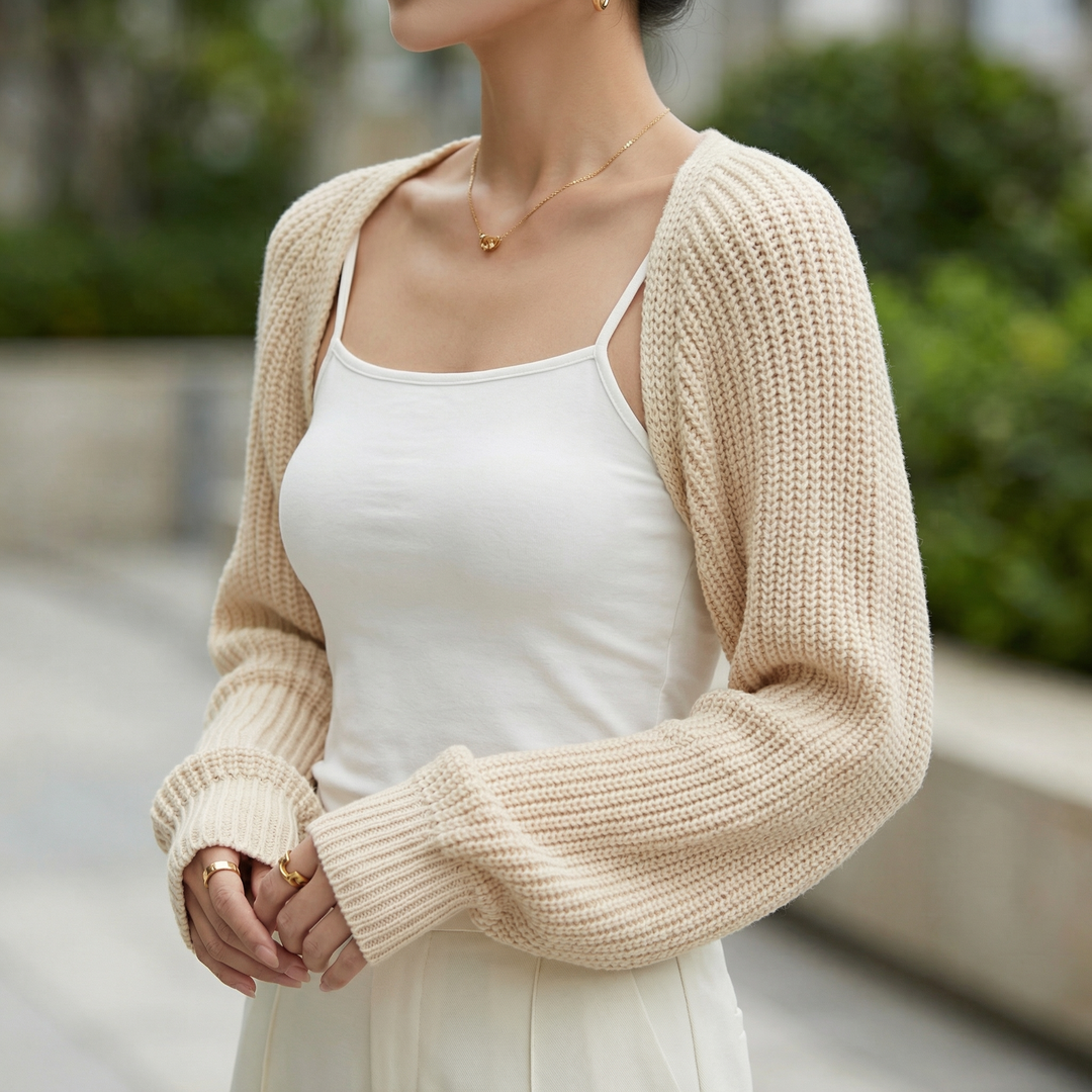 Comfortable unisex ribbed knit shrug, lightweight layering top for a modern and stylish look.
