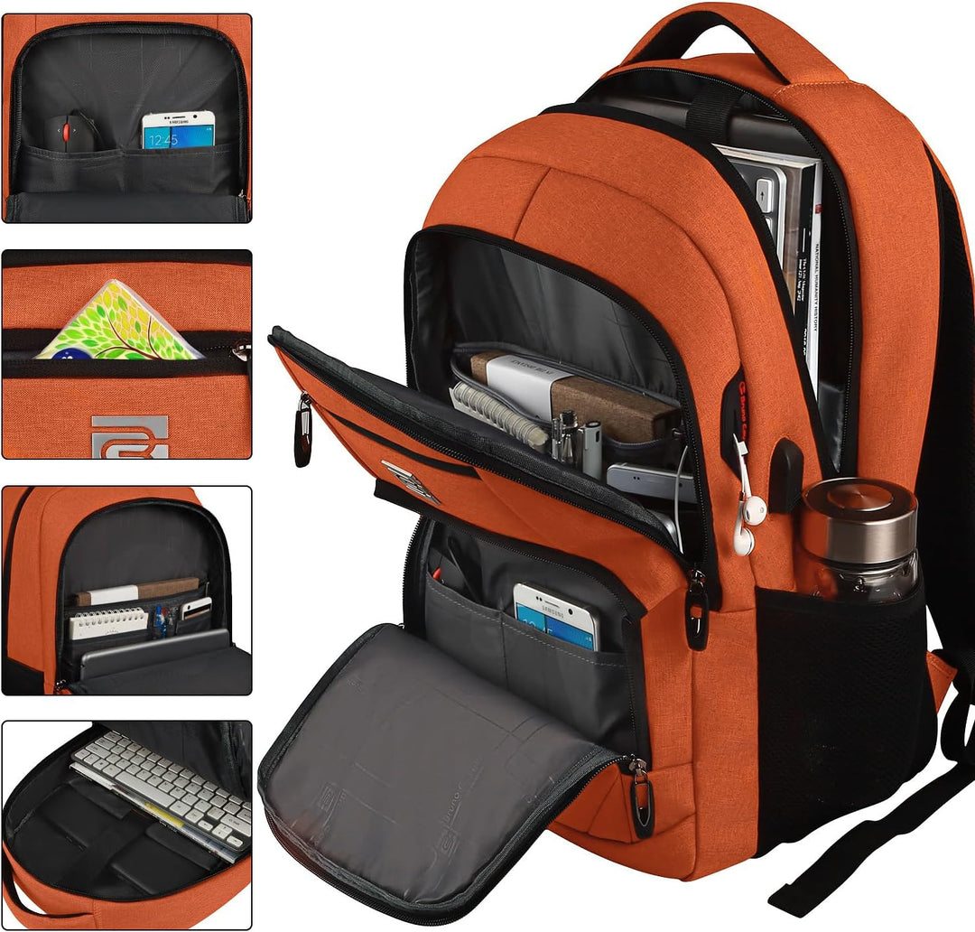 Water-resistant secure backpack, anti-theft features, slim design, and USB port.