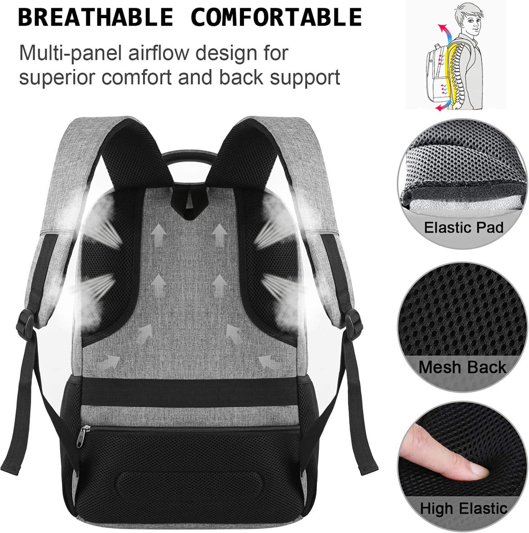 Minimalist anti-theft laptop backpack, slim, unisex, great for daily commute & charging devices.