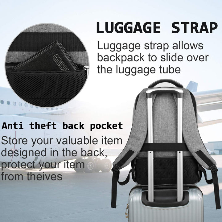 Anti-theft USB port backpack, water-resistant, slim, ideal for carrying laptops safely.