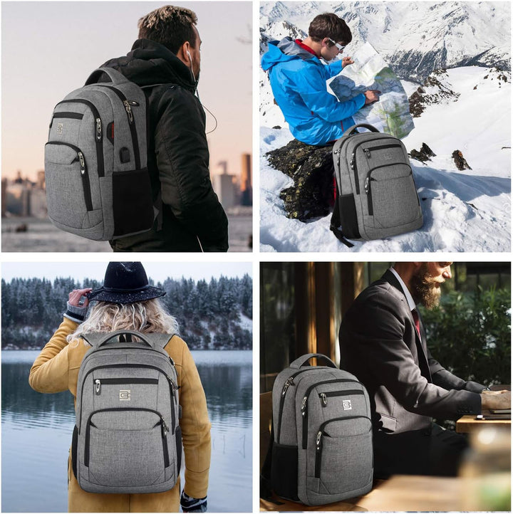 Slim anti-theft commuter bag, unisex, secure for laptops, with an integrated USB charger.