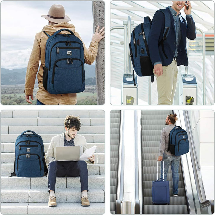 Travel-ready anti-theft backpack, sleek design, holds laptop & offers USB charging.