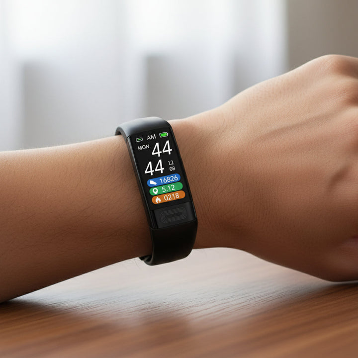 Person wearing a sleek unisex smart health armband. EKG, heart rate, fitness tracker for active lifestyles.