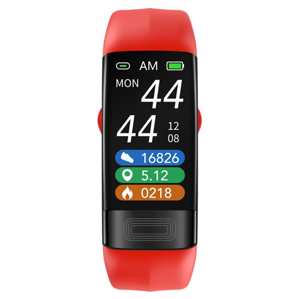 Close-up of smart health armband displaying EKG, heart rate, and blood pressure readings. Wearable tech.