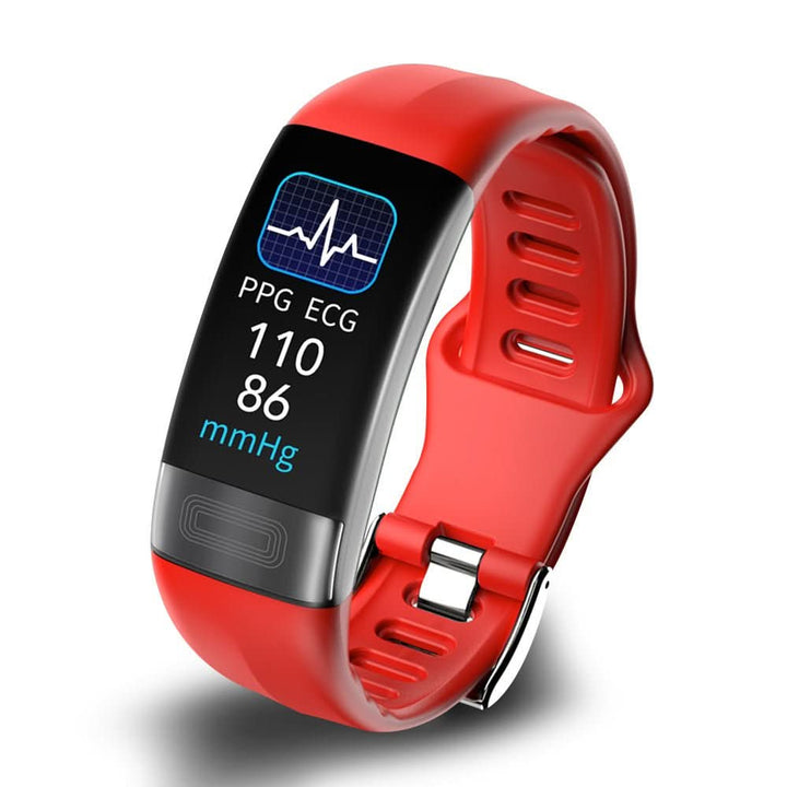 Unisex smart health armband monitoring EKG, heart rate, and blood pressure during a workout. Advanced fitness tracker.