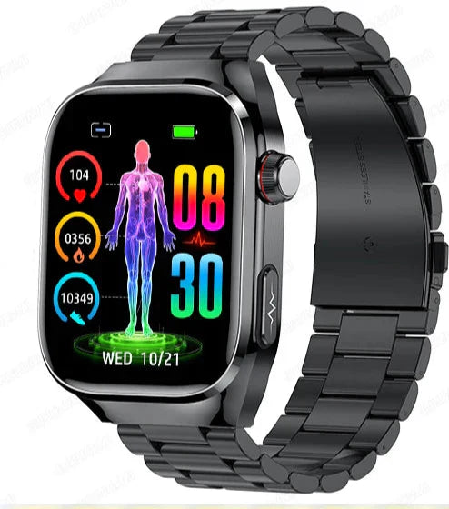 Advanced wearable tech smartwatch offering daily health metrics and blood sugar checks.