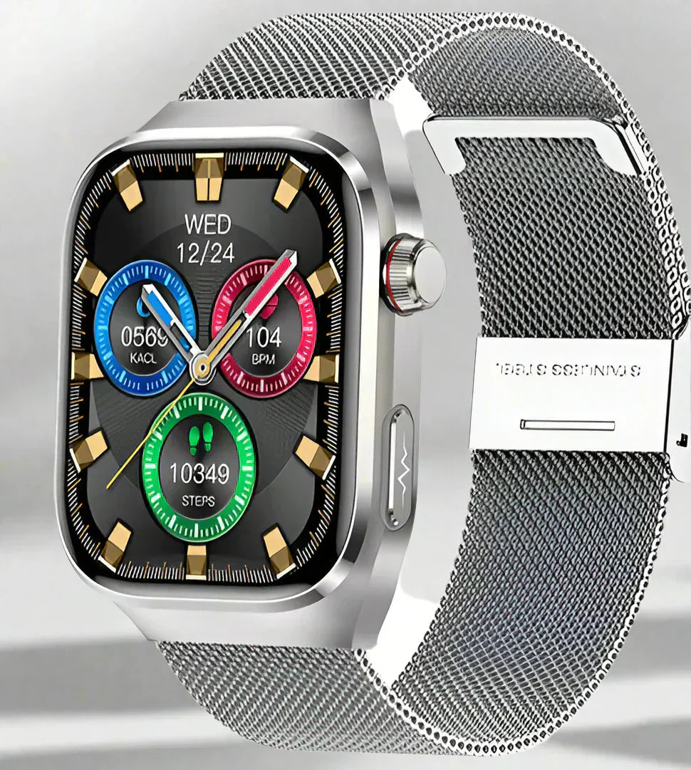 Bluetooth smartwatch connecting for real-time health data sync and smart alerts.