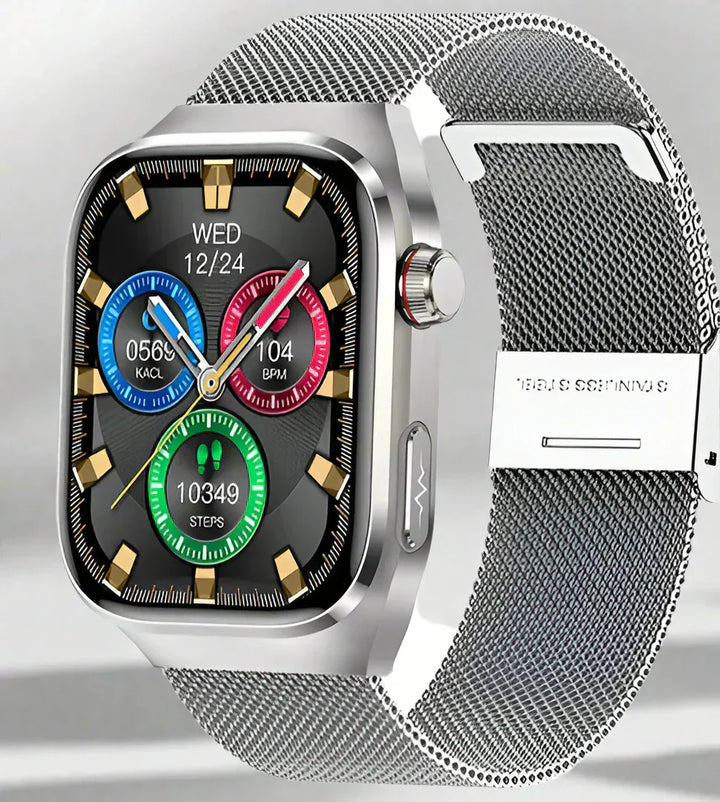 Bluetooth smartwatch connecting for real-time health data sync and smart alerts.