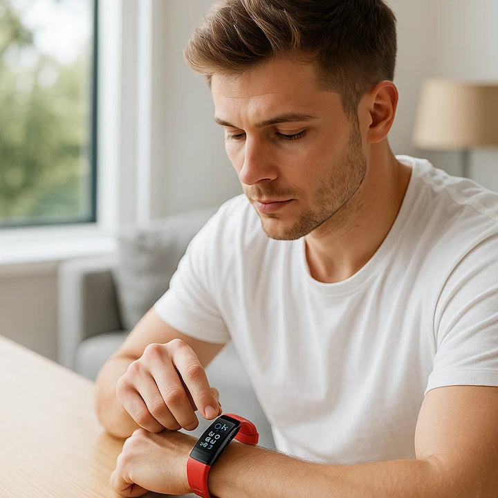 Health tracker smartwatch monitoring ECG, blood pressure, heart rate, and sleep for daily use.