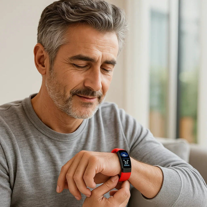 Fitness smartwatch with ECG, blood pressure, sleep tracking, and notifications for active lifestyles.