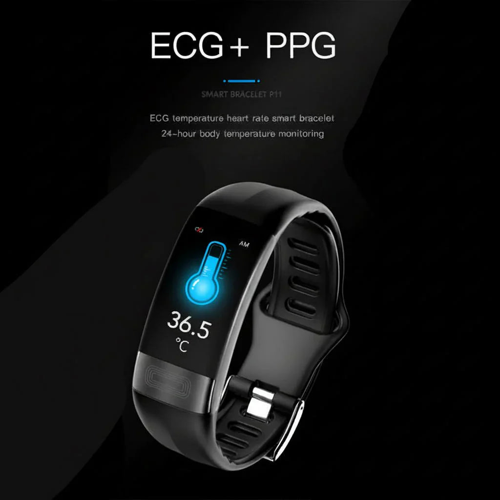 Smartwatch showing notifications, plus ECG, blood pressure, and sleep data for convenient health.