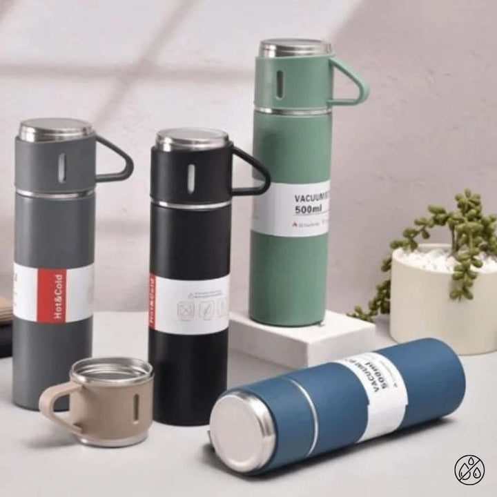 Sleek unisex insulated water bottle, stainless steel. Keeps hot drinks hot, cold drinks cold.