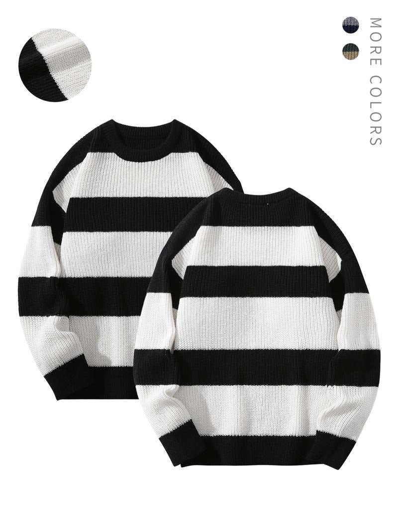 Casual unisex long-sleeve knit sweater featuring a stylish striped pattern and a relaxed, comfortable fit.