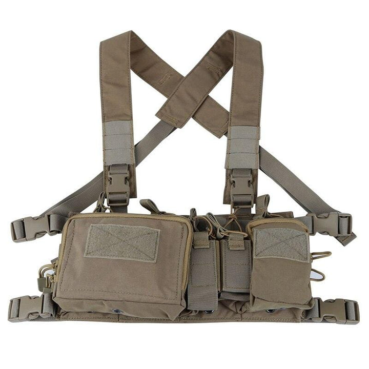 Tactical chest rig bag, durable construction with adjustable straps, available in coyote brown, wolf grey, army green