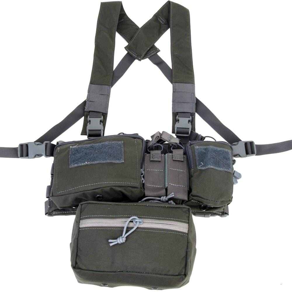 Close-up of the army green tactical chest rig bag's durable material and secure buckle closure