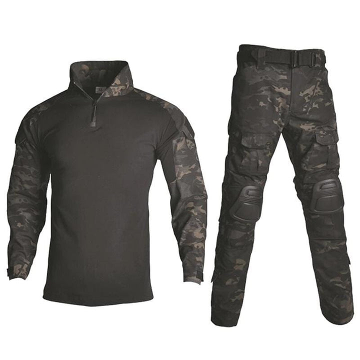 Unisex tactical combat uniform set in woodland camo, perfect for hunting and outdoor activities.