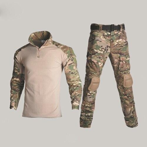 Tactical combat apparel set with multiple pockets, suitable for hunting and everyday outdoor wear.
