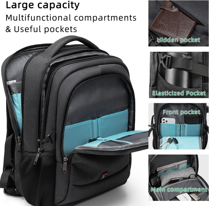 Interior view of organized storage in a travel laptop backpack.