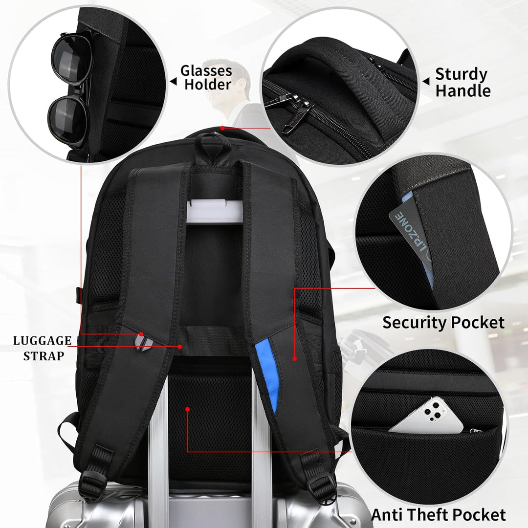 Front pocket detail of an organized laptop backpack for quick access.