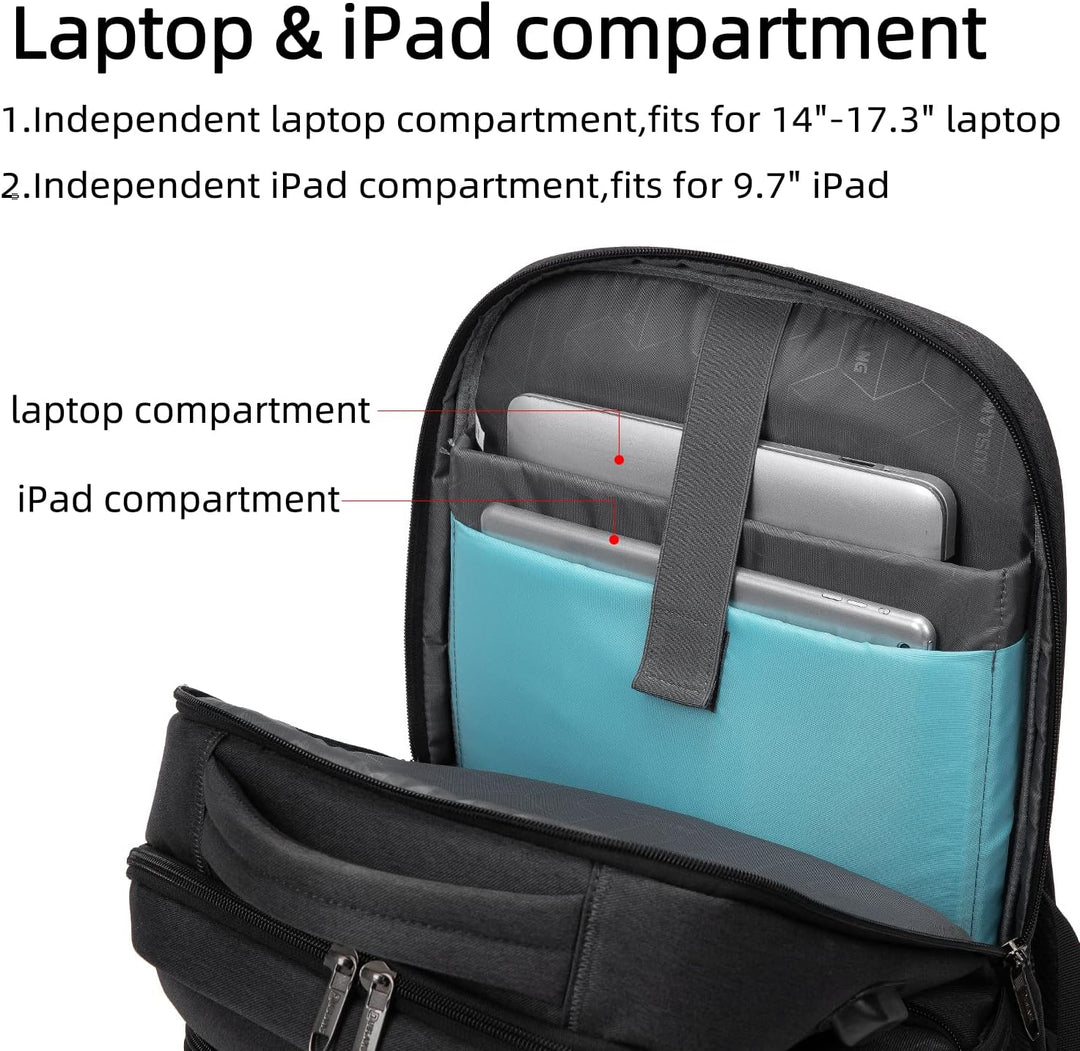 Water-resistant design of a laptop backpack, protecting electronics from rain.