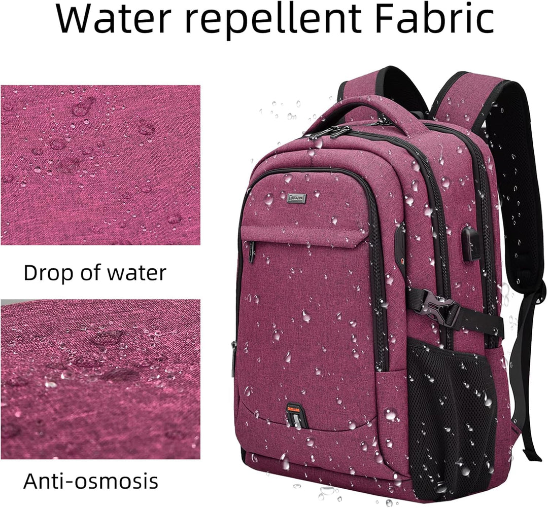 Main compartment of a water-resistant laptop backpack, packed for travel.