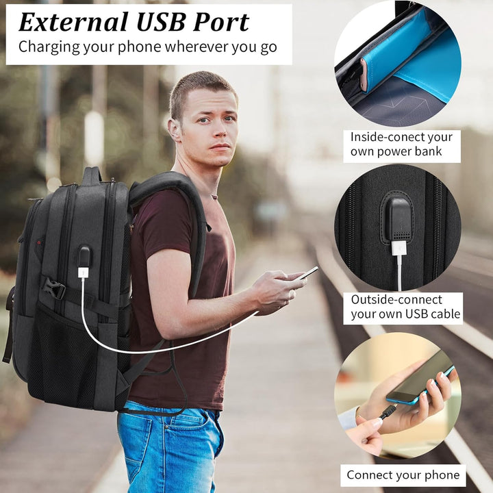 Carry-on sized travel backpack with an organized interior for clothes.