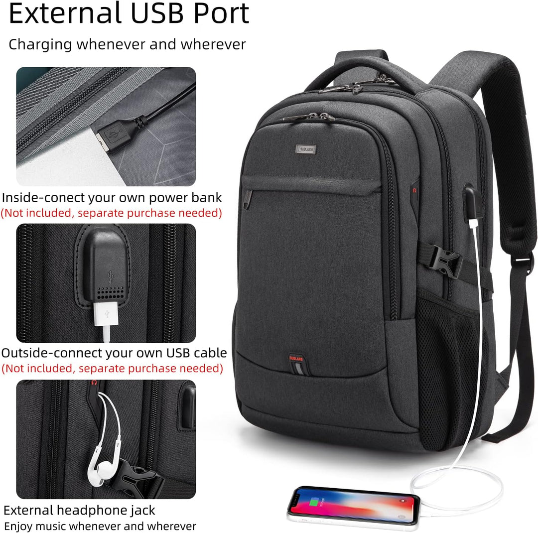 Water-resistant carry-on backpack with secure laptop compartment & USB charging.