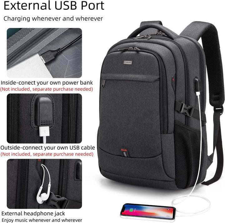 Water-resistant carry-on backpack with secure laptop compartment & USB charging.