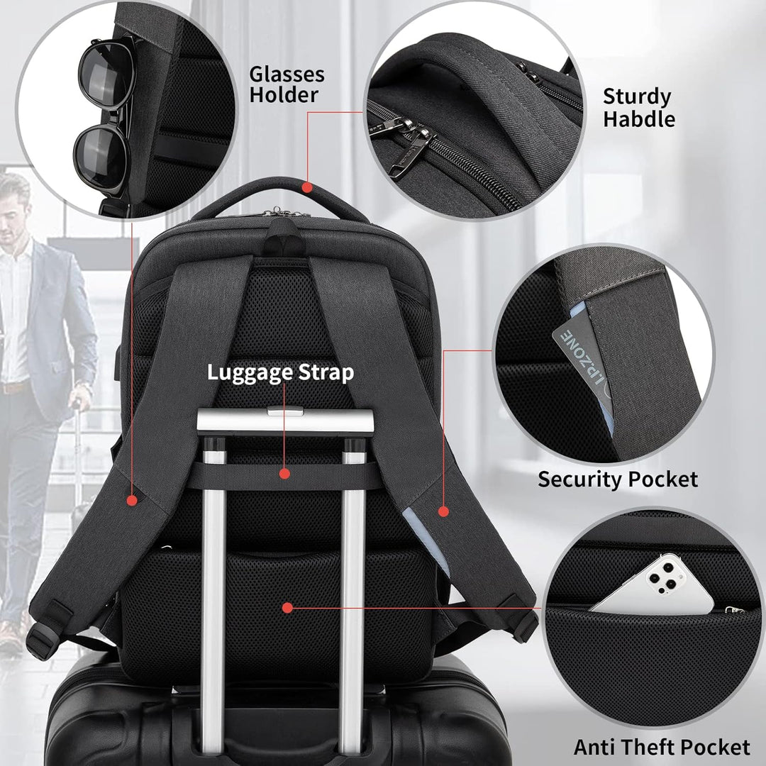 College backpack with multiple compartments and a convenient USB port.